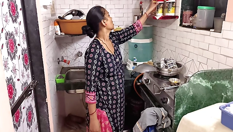 Indian girl with brown hair and black stockings is sucking