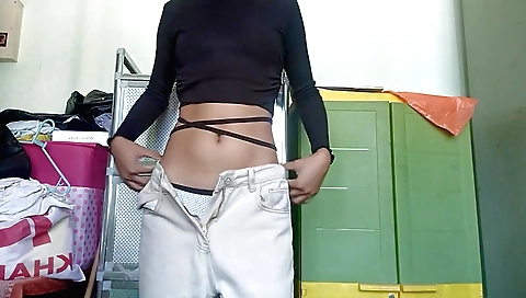Naked body of brunette stripper in front of camera