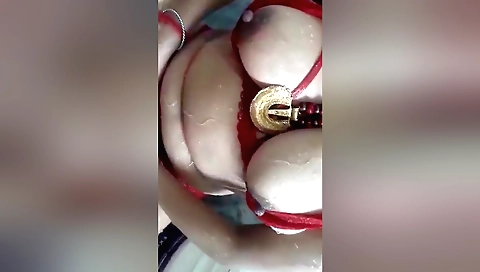 Brunette gets naked in the shower and then she washes her body