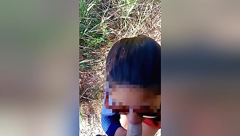Brunette girl takes her boyfriend's cock in the outdoors