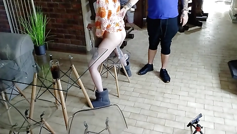 Small ass babe with a small titty on the chair with a dildo